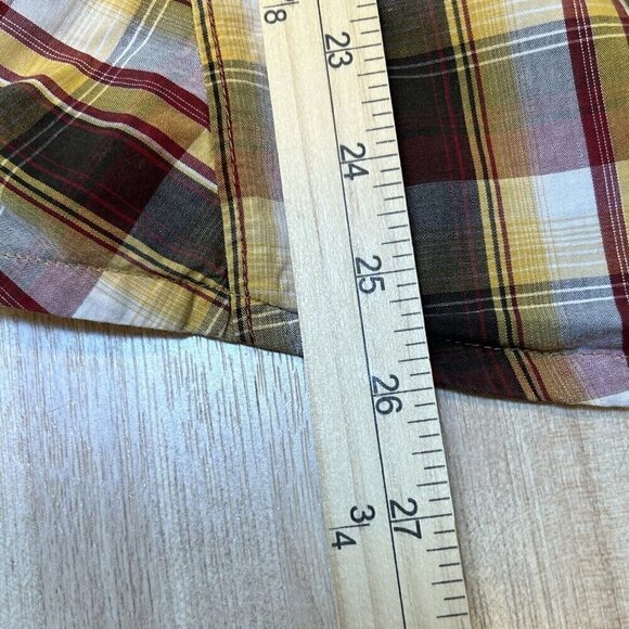 PrAna Shirt Mens Small Pearl Snap Plaid Short Sleeve Brown Yellow Maroon Casual - Picture 12 of 12